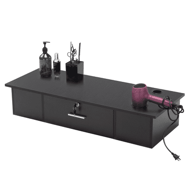 Reshable Simple and Modern Wall-Mounted Styling Barber Salon Station with Lockable Cabinet , Black