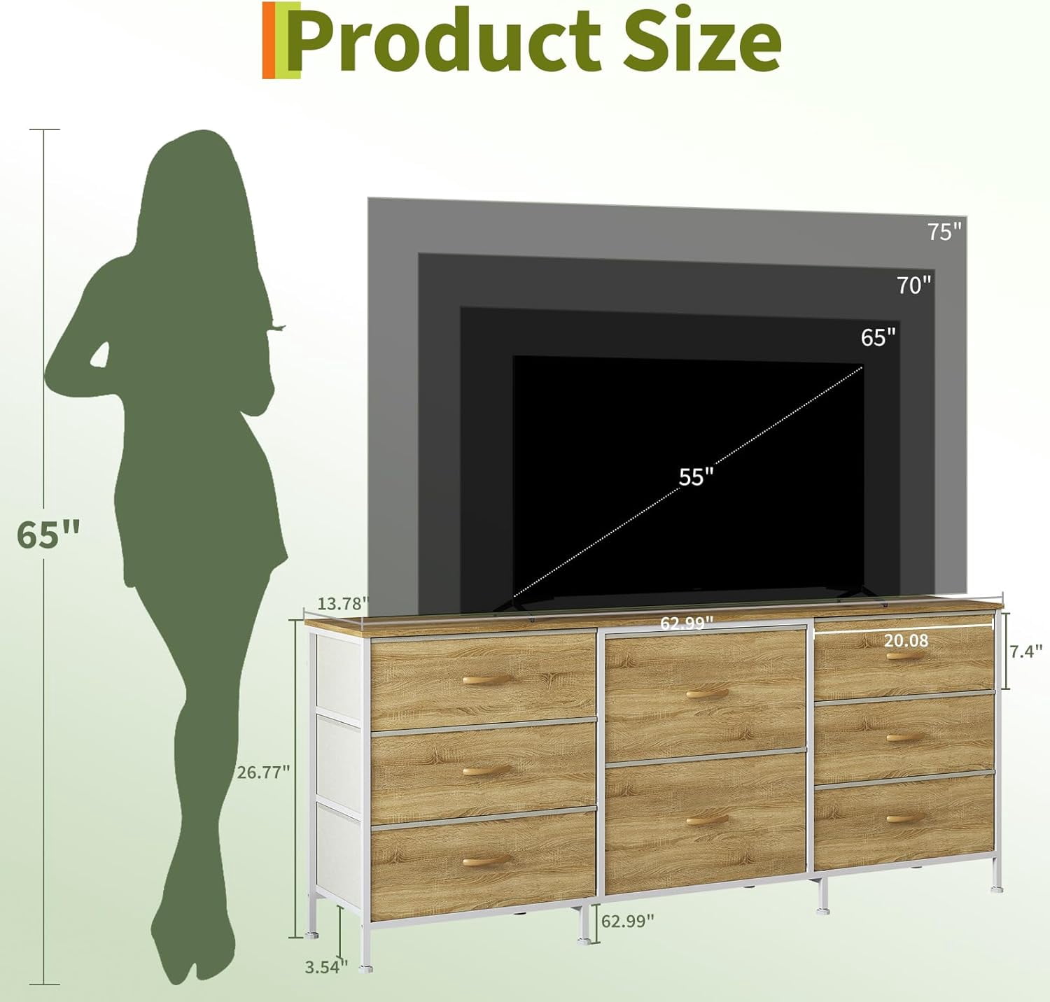 63 Inch TV Stand Dresser for Bedroom, 8 Fabric Drawers, for 65 70 75 Inch TV, Entertainment Center with Storage Media TV Console Table