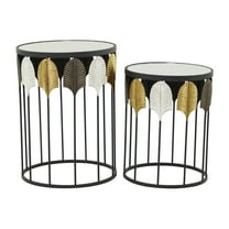 DecMode 18" x 24" Black Metal Leaf Accent Table with Mirrored Glass Top, 2-Pieces