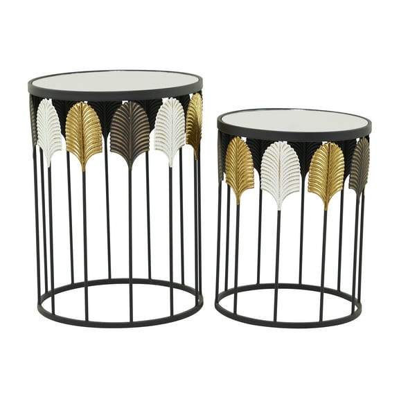 DecMode 18" x 24" Black Metal Leaf Accent Table with Mirrored Glass Top, 2-Pieces