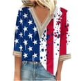 thumbnail image 2 of Feancey 4th of July Shirts Women V Neck 3/4 Sleeve Lace Trim Tops USA Flag Stars Stripes Print Blouses Summer Baggy Distressed Blouse Daily Sales,Black,S, 2 of 5