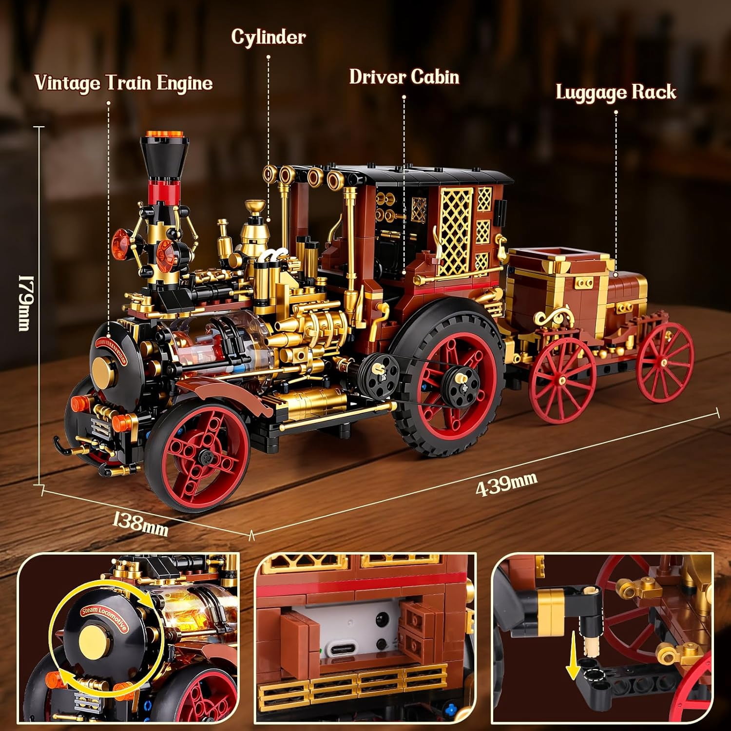 Vintage Car Steam Engine Building Blocks Set with Lights, Western Retro Steam Tractor Locomotive Model Building Kit for Vintage & West Lovers