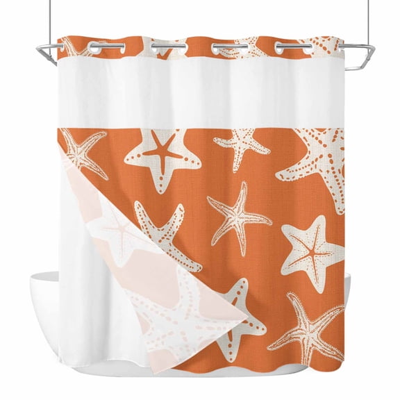 Orange Starfish Coastal No Hook Shower Curtain with Snap in Liner, Waterproof Fabric Shower Curtains, Nautical Summer Ocean Abstract Art Shower Curtain Set Top See Through for Bathroom 72"x72"