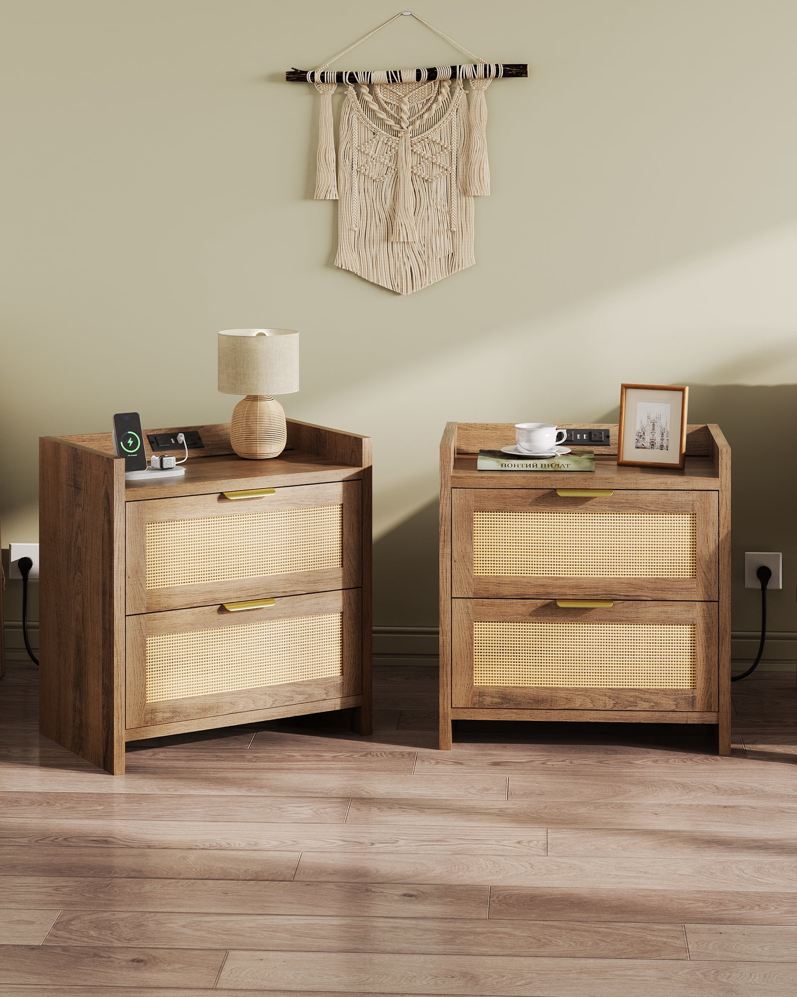 GALAXHERO Nightstand Set of 2 with Charging Station, Boho Rattan Bedside Tables, 2 Drawers End Table for Bedroom, Living Room, Natural Oak