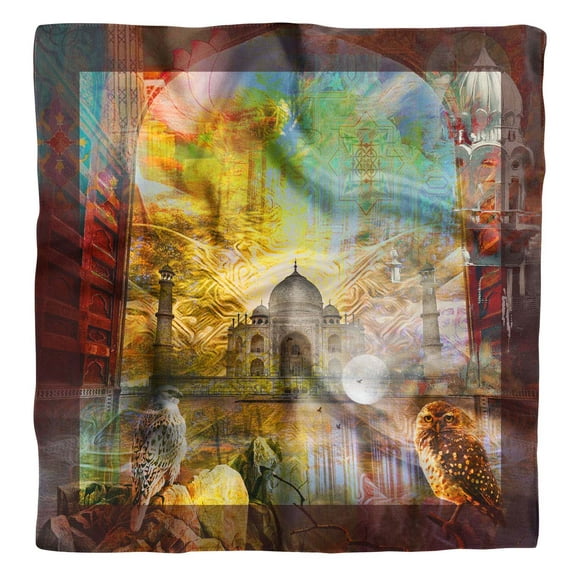 Phagun Yellow Tajmahal Monuments Print Pure Silk Square Scarf Neck Wrap Summer Hair Bandanas For Women