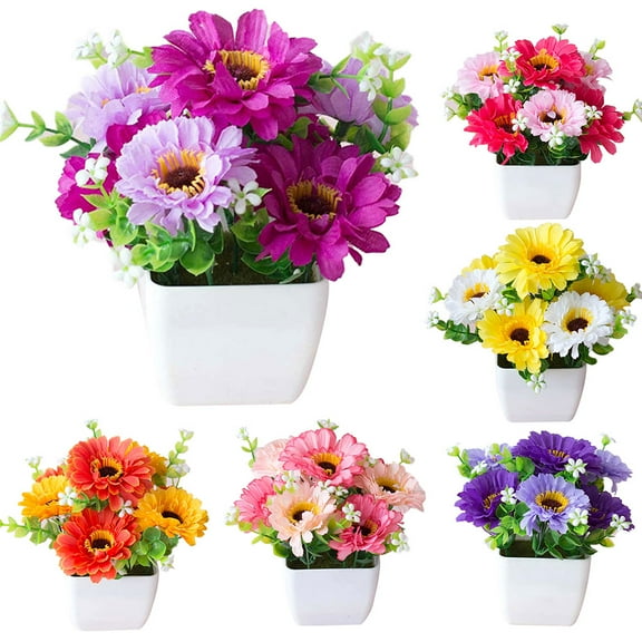 Ludlz Artificial Chrysanthemum Flower Gypsophila Wood Pot Bonsai Garden Home Decor Fake Mini Decorative Potted Topiary Shrubs for Office, Home, Inddor, Room Decoration