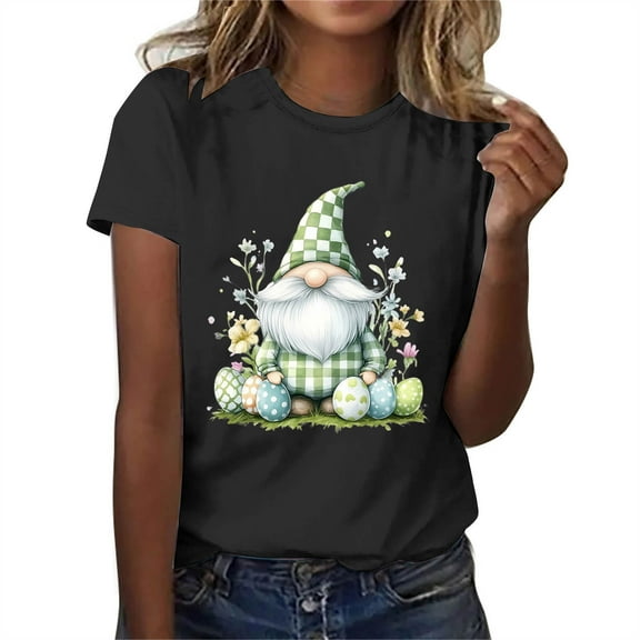 QUNYINEY Short Sleeve Shirts for Women Easter Crew Neck Casual Pullover Tops Loose Women Tops