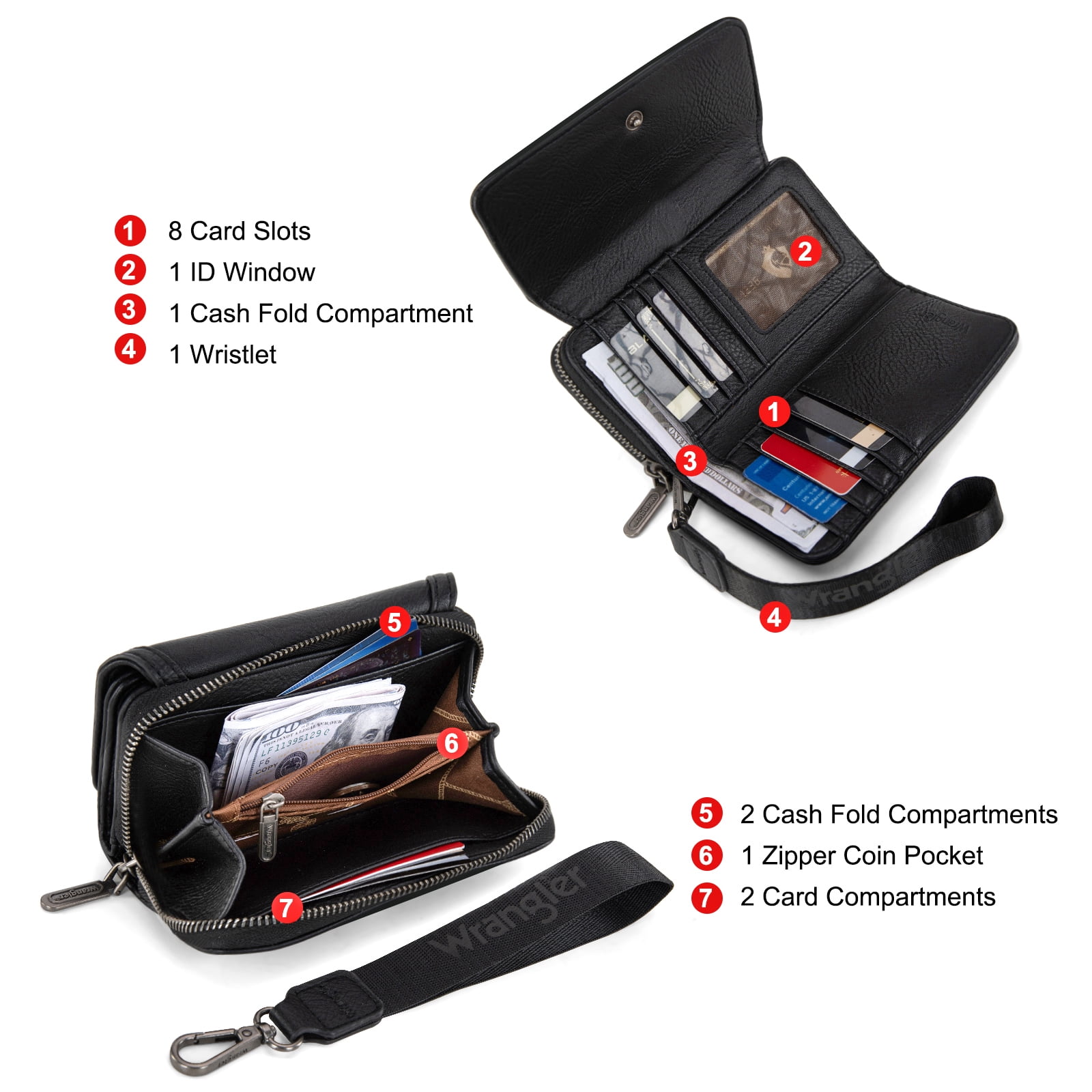 Wrangler Wallet Purse for Women Minimalist Wristlet Wallet with RFID Blocking Credit Card Holder, Black