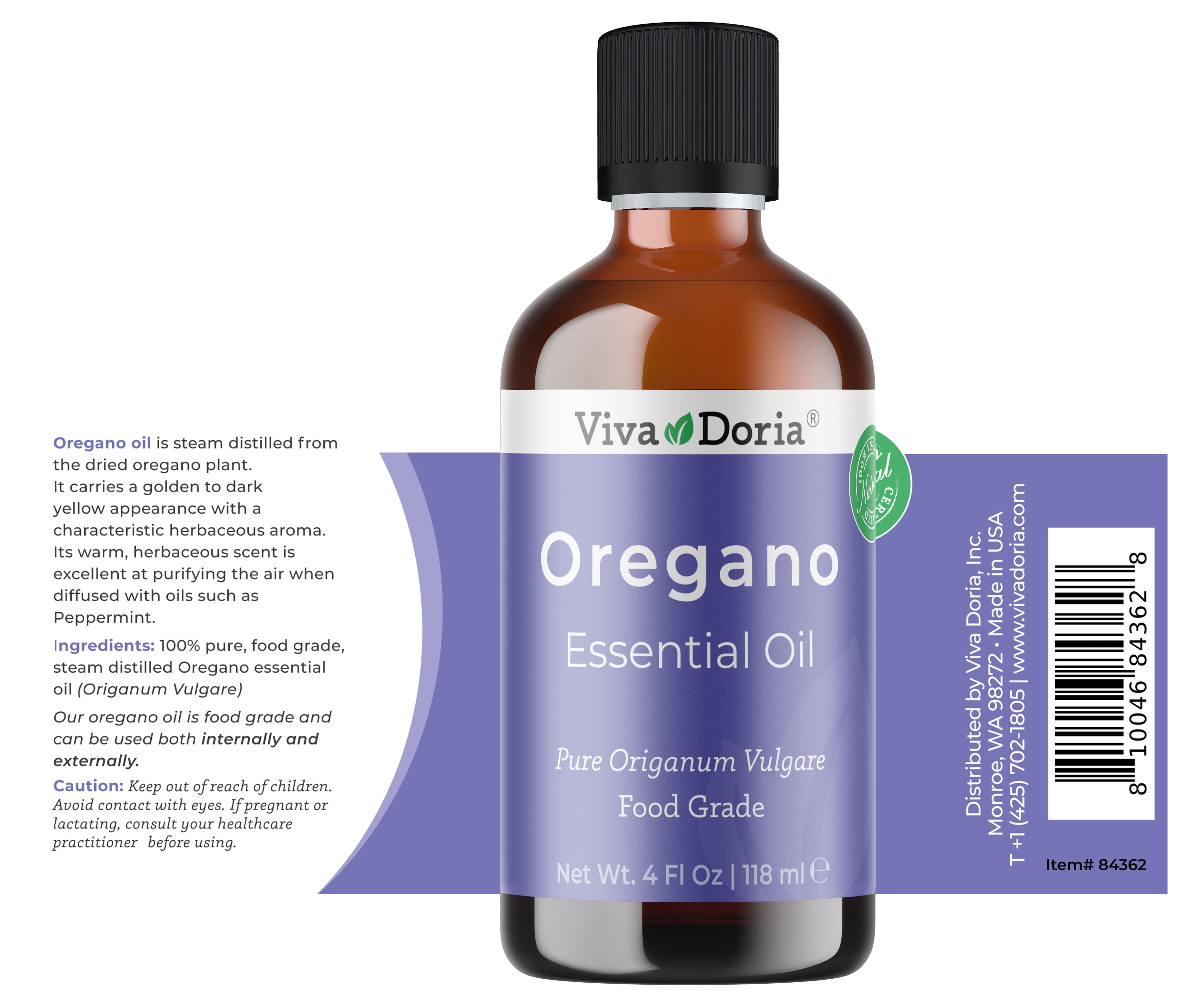 Viva Doria Pure Oregano Essential Oil, Undiluted, Food Grade, 118 mL (4 Fluid Ounce)