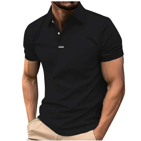Qgtaibl Men s Golf T-Shirts Collared Short Sleeve Shirts Summer Button Cotton Pullover Trendy Tennis Tee Tops Black M