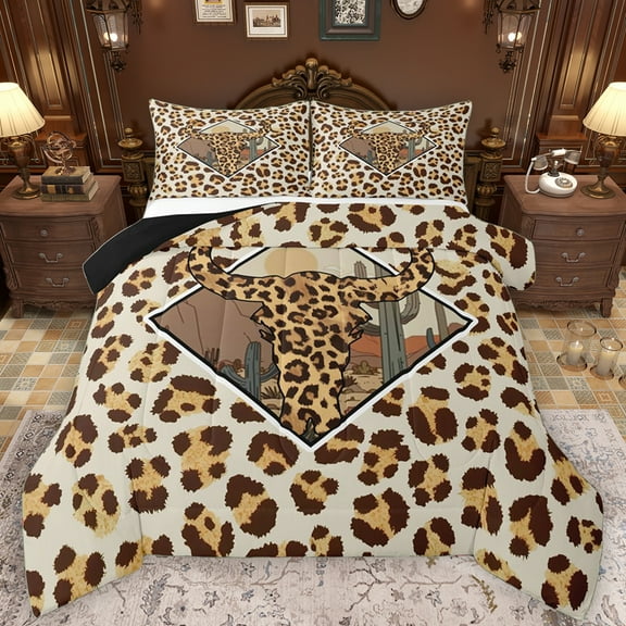 Manfei Cheetah Leopard Print Bedding Comforter Set for Teen, Vintage Western Fashion Twin Comforter Sets, Cow Skeleton Reversible Bedding Set, Lightweight Room Decor, 2pcs