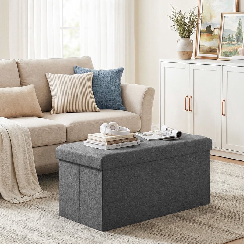 Gianna 30 Inches Folding Storage Ottoman Bench, Storage Chest, Foot Rest Stool, Bedroom Bench with Storage, Gray