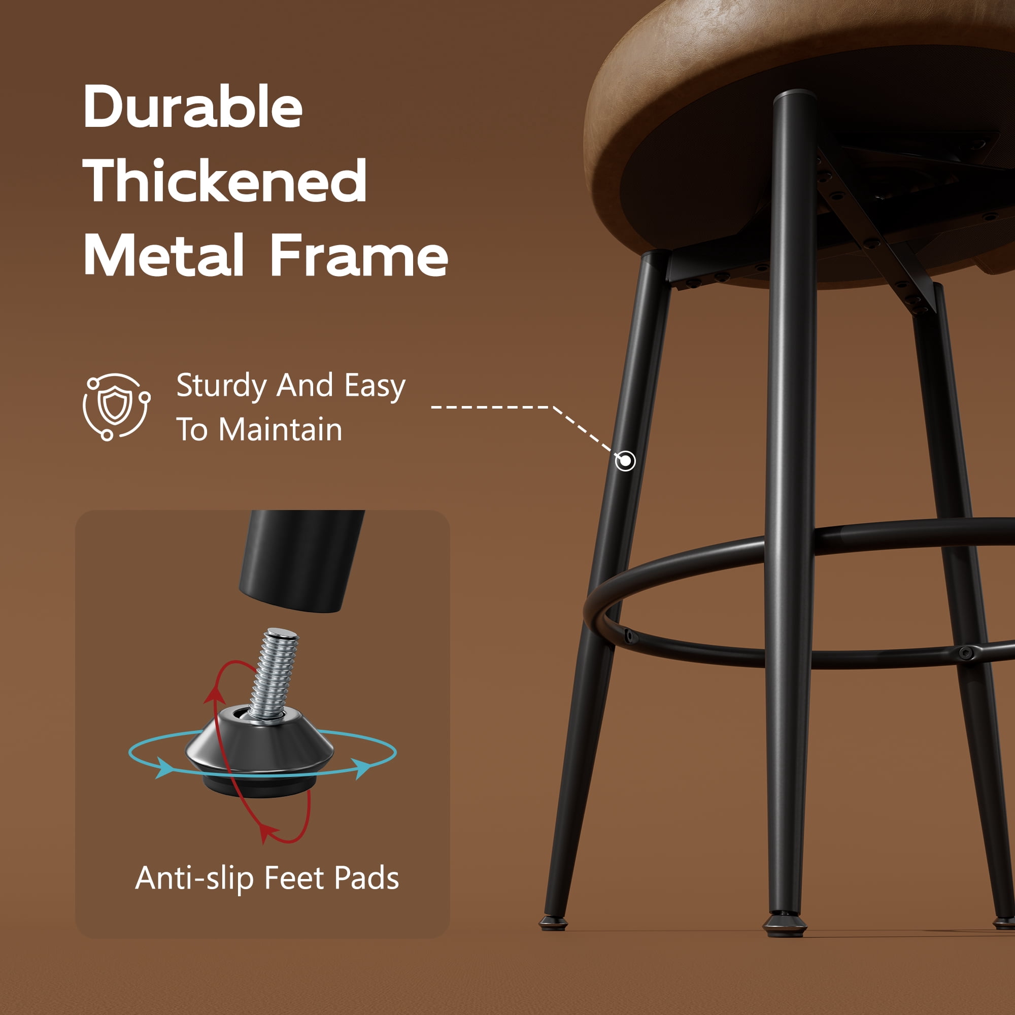 HomeZeer Bar Stools Set of 2, 26" Counter Height 360° Swivel with Low Back, PU Leather Upholstered Round Seat, 300lb Capacity Metal Legs for Kitchen Island, Dining& Bar, Brown