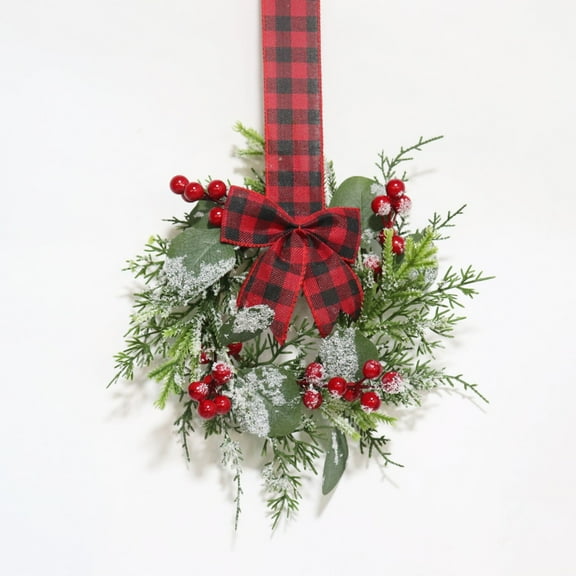 Christmas Door Hanging Wreath, Rustic Fir with Red Berries & Red Black Plaid Bow for Closet Door Knob Cabinet Decor - 1 Piece