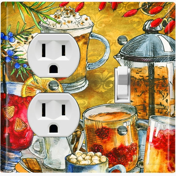 Metal Light Switch Wall Plate Outlet Cover (Coffee Tea Party Kettle Mocha Espresso Drinks - Single Duplex Single Toggle)
