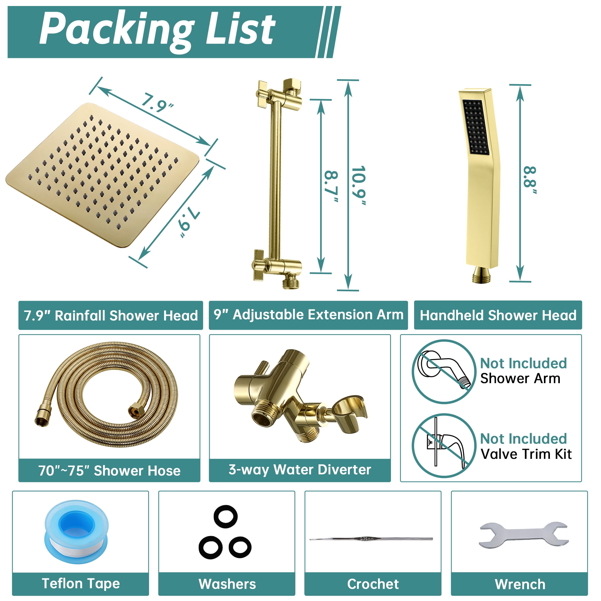 All Metal Dual Square Shower Head Combo, Rain Shower Head with Handheld Shower Wand and Extra Long Flexible Hose (Polished Brass)