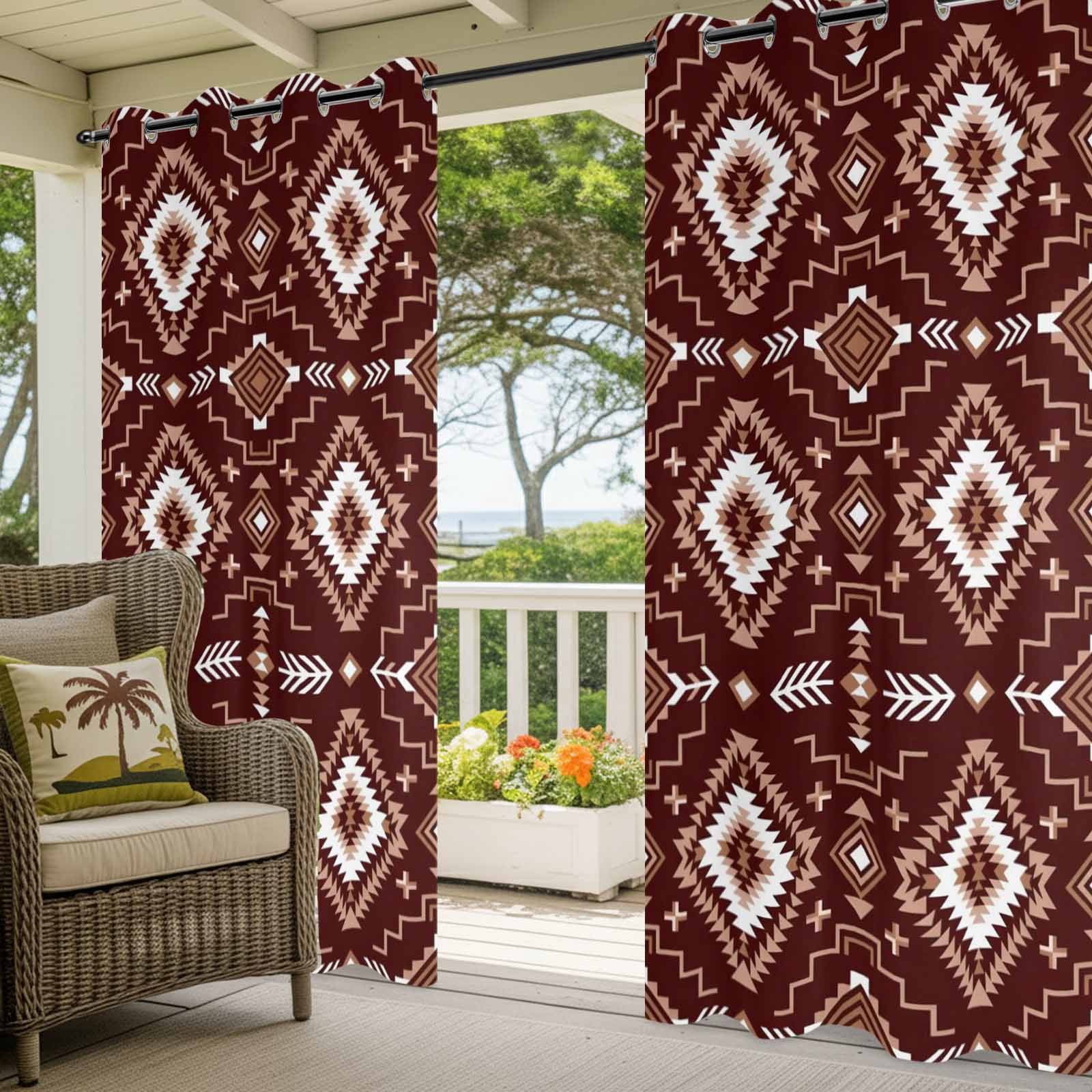 Brown Red Rectangle Outdoor Curtains for Patio, Tribal Retro Classic Geometric Abstract Sunshade Privacy Drapes Grommet Waterproof Outside Curtains for Porch/Cabana/Balcony 54"x 95", 1 Panel