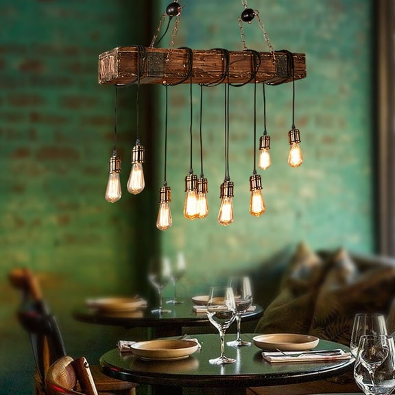 10-Light Rustic Wood Pendant Light Chandelier Lighting Hanging Ceiling Fixture Vintage Farmhouse Lighting Adjustable Chain for Kitchen Island, Hallway