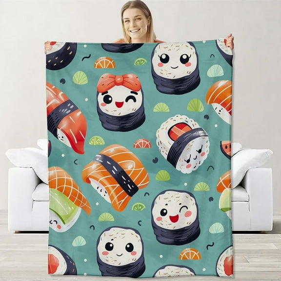 Sushi Blanket for Adults Kids, Flannel Sushi Blankets Gifts, Japanese Food Sushi Throw Blanket for Sofa Couch Bed Living Room Soft Warm Cozy Sushi Decor 60" x 50"