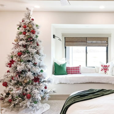Fraser Hill Farm 7.5-ft. Pre-Lit Snow Flocked Snowy Pine Artificial Christmas Tree with Warm White LED String Lights
