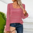 thumbnail image 4 of Bjutir Womens Striped Print Tops Fall Winter Square Neck Long Sleeve T Shirt With Striped Ruffles Red M, 4 of 5