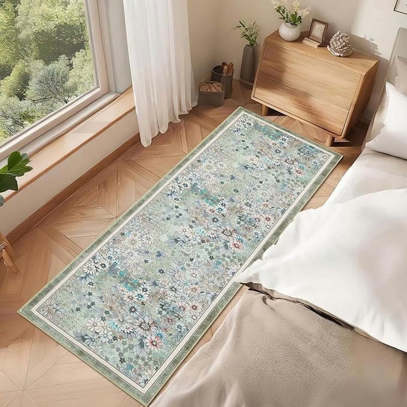 10'x 13' Runner Rug for Hallways Kitchen Non Slip Washable Rugs with Rubber Backing Soft Floral Carpet Runner for Hallways, Kitchen, Laundry, Bedroom, Bathroom-Green