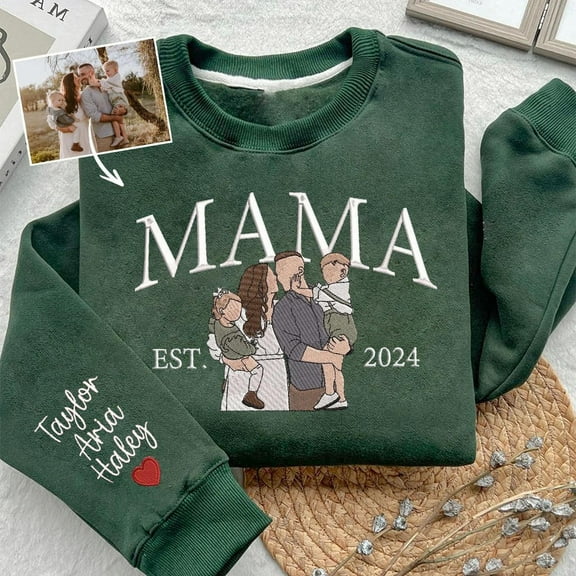 Custom Mama Embroidered Photo Portrait Sweatshirt with Kids Names on Sleeve Gifts for Mom New Mom