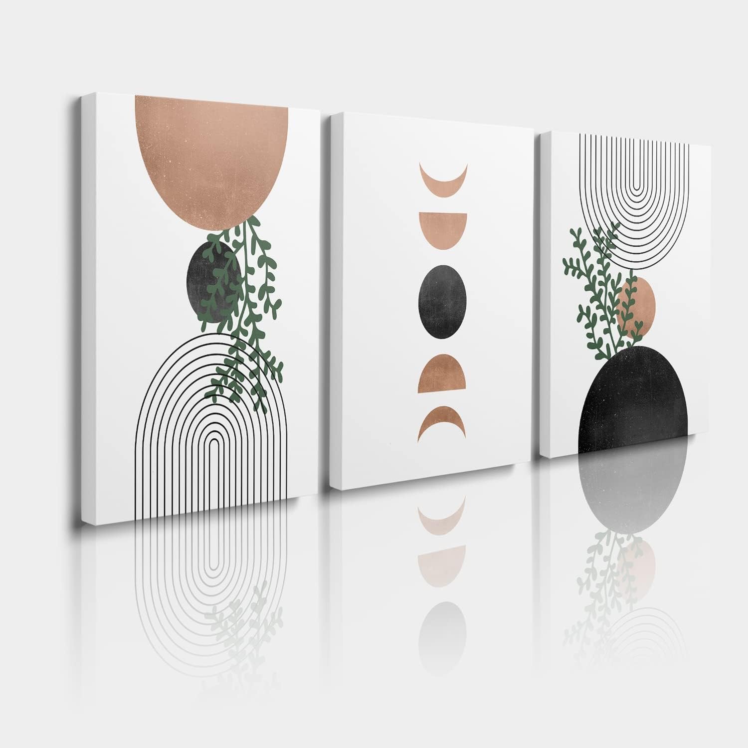 Boho Wall Art Set of 3 - Abstract Sun and Moon Prints, Neutral Mid-Century Modern Decor for Bedroom or Living Room, 12x16 Inch Unframed