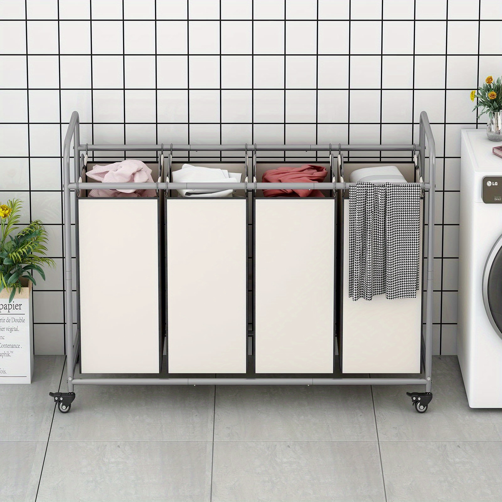 [Heavy Duty Laundry Sorter] 4-Bag Heavy Duty Laundry Basket Sorter - Rolling Lockable Wheels and Removable Bags Laundry Hamper Cart