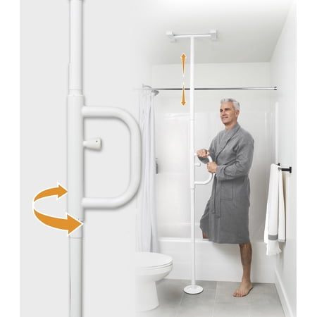 Stander Wonder Pole with Rotating Single Grab Bar, Tension Mounted Floor to Ceiling Transfer Pole for Seniors & Elderly Adults, No-Drill Support Rail with Assist Handle for Home & Bath Safety, White