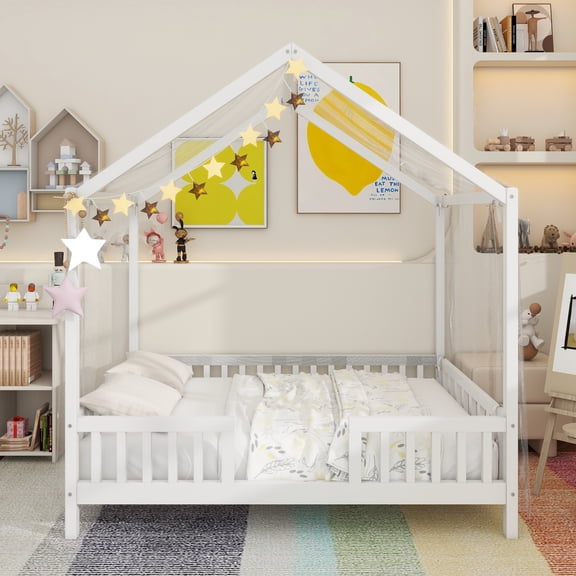 Montessori Floor Bed with Canopy, Full Bed Frame for Kids, House Shape Toddler Bed Frame with High Railings, Wood Kids Bed with Roof, Kid Full Bed, White