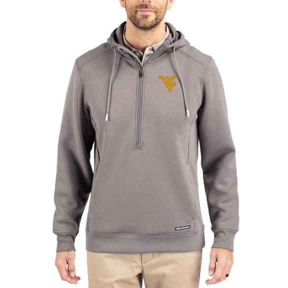 Men's-Cutter & Buck  Gray West Virginia Mountaineers Roam Eco Recycled Half-Zip Pullover Hoodie