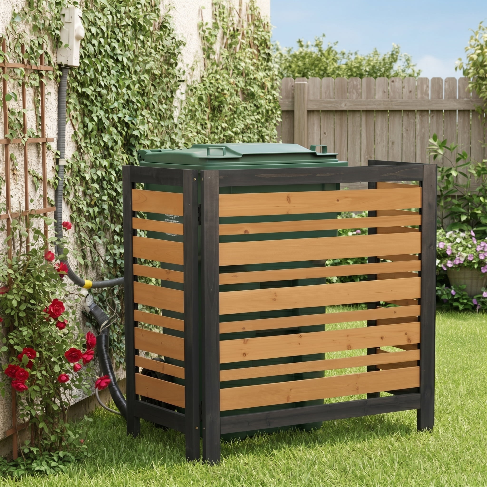 Outdoor Wood Privacy Fence 3-Panel 38W x 42H, Solid Wood Air Conditioner Screen with Slat Spacing for AC Unit Trash Can Pool Pump Enclosure, Black and Gold