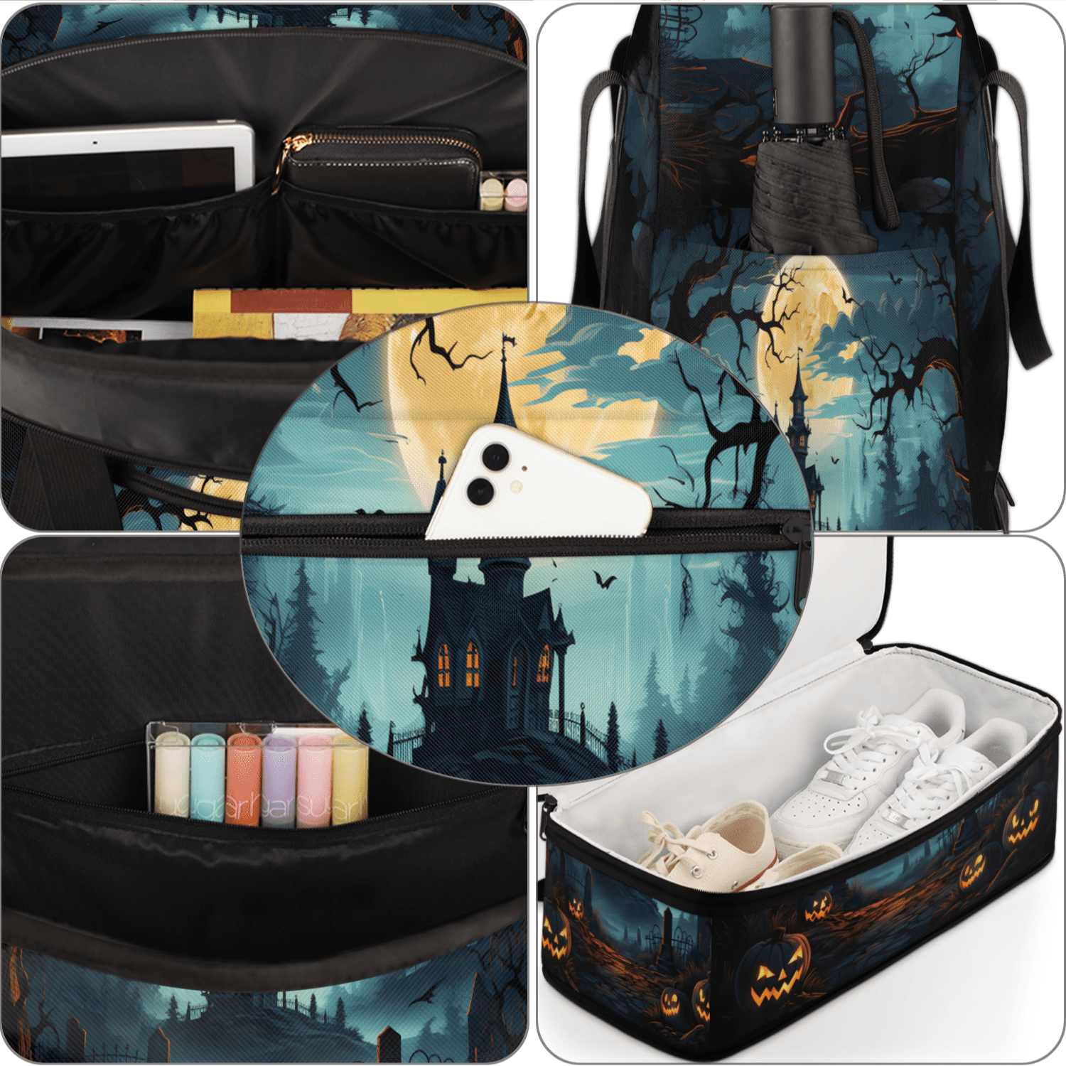 Herdesigns Halloween Foldable Travel Duffle Bag for Women and Men Lightweight Carry On Overnight Bag Halloween Castle Gym Luggage Weekender Bags with Shoe Compartment