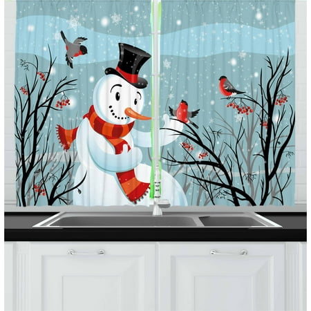 Berry Tree Set - Christmas Curtains 2 Panels Set, Snowy Winter Tree Branches Berries Bullfinch Birds Snowman with Hat, Window Drapes for Living Room Bedroom, 55W X 39L Inches, Almond Green Black Red, by Ambesonne