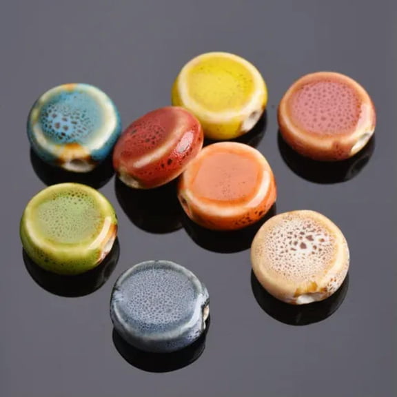 U8MO 10pcs 15mm Flat Round Fancy Glazed Ceramic Porcelain Loose Beads Jewelry Making-Random Mixed