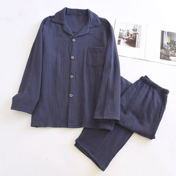 Juslio Mens Pajamas Solid Collar Homewear Long Sleeve Tops and Pants 2-Piece Matching Pajamas Sets L