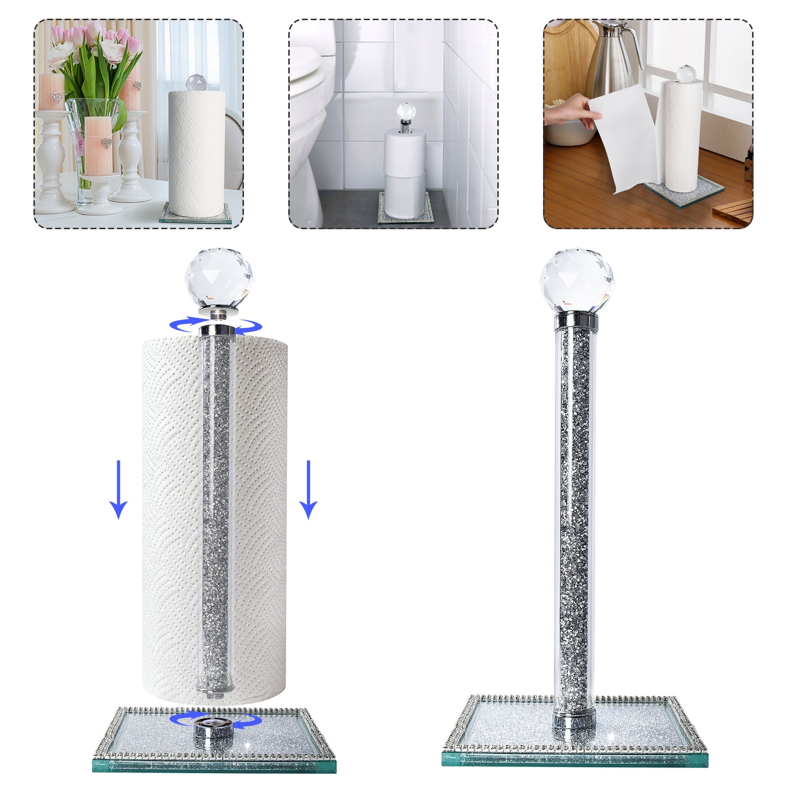 Paper Towel Holder Stand, Countertop Paper Towel Roll Dispenser Holders with Cube Base, Tissue Countertop Filled with Sparkly Crystal Crushed Diamond House Decor for Kitchen Bathroom (Silver-Square)