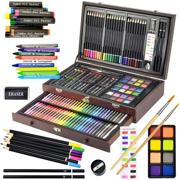 Bibana 145 Piece Deluxe Art Set, Wooden Art Box & Drawing Kit with Crayons, Oil Pastels, Colored Pencils, Watercolor Cakes, Sketch Pencils, Paint Brush, Sharpener, Eraser, Color Chart