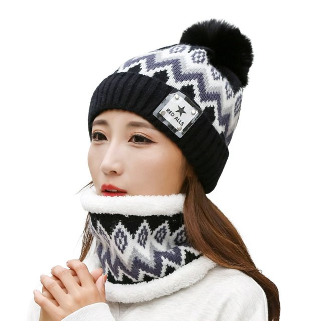 2Pcs/Set Women Hat Neck Warmer Knitted Star Label Geometry Pattern Pompom Stretchy Ear Head Neck Protection Thickened Winter Thermal Beanie Cap Scarf Kit for Riding
