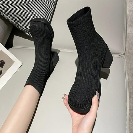 

ERTUTUYI 2022 Women s Autumn And Winter New Vintage British Style Round Head Thick Heel Elastic Flying Weaving Socks Boots Fashion Boots Black 38