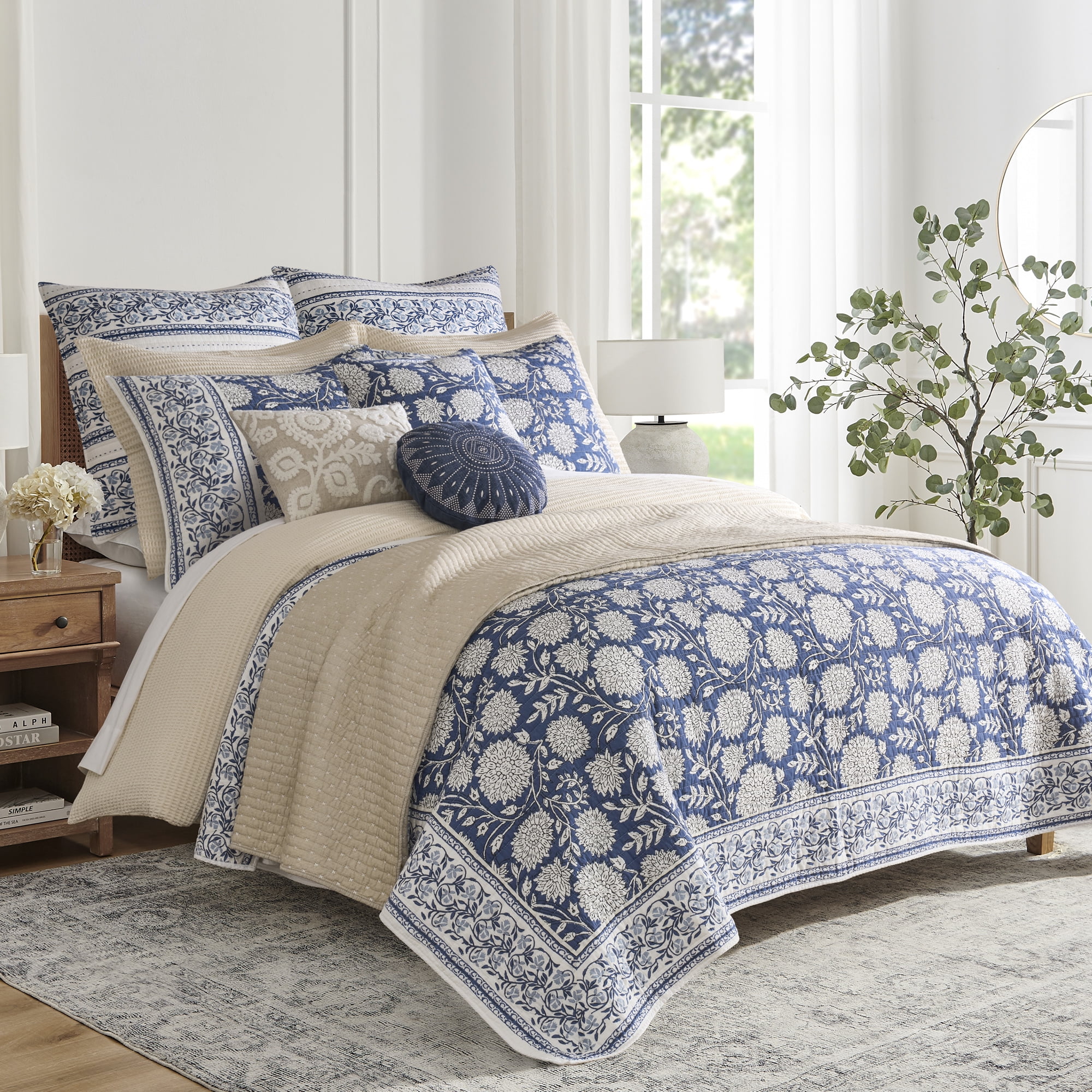 Levtex Home Adare Denim Reversible Twin / Twin XL Quilt Set (68x86in) with 1 Pillow Sham (26x20in) - Floral Bedding - Blue White - Cotton Twin Size Quilt Bedding Set - Lightweight, Soft, Pre-Washed