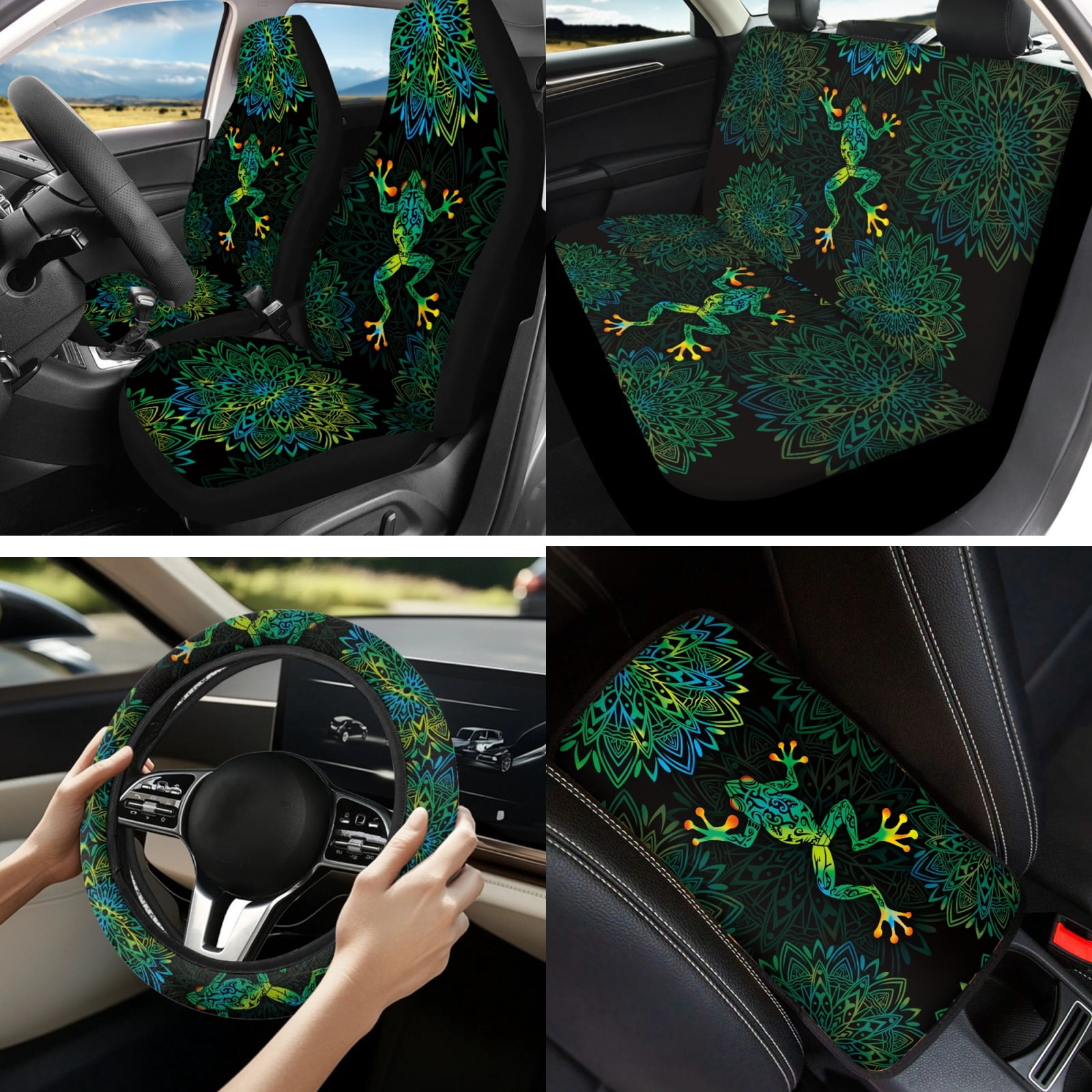 Yuyamidu Boho Flowers Front Rear Car Seat Covers Full Set of 13 Funny Frog Steering Wheel Cover Seat Belt Pads Armrest Cover Cup Holders Lip Gloss Holder Keychain