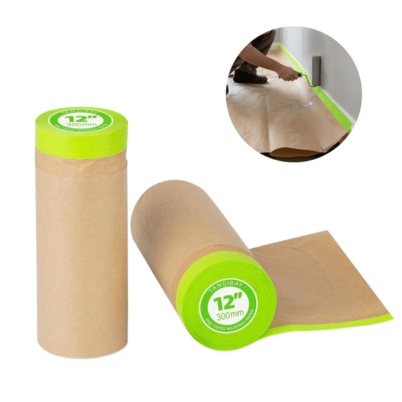 2 Rolls Pre-Taped Painters Paper 12" x 50', Self-Adhesive Masking Paper with Tape for Surface Protection, Ideal for Covering Baseboards, Door Frames, Furniture, and Auto Body
