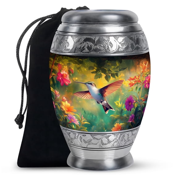 JAGASY Hummingbird Large Cremation Urn for Brother - Green Leaf Decorative Funeral Urns - Flowers Urn for Ashes Adult Male & Female - Handmade Cremation Urns for Sister - (10 Inch)