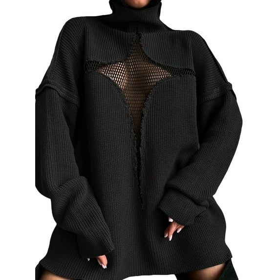 Liacowi Women Knitted Turtleneck Sweater Long Sleeve Hollow Out Pullover Retro Jumpers Tops Fall Loose Knitwear