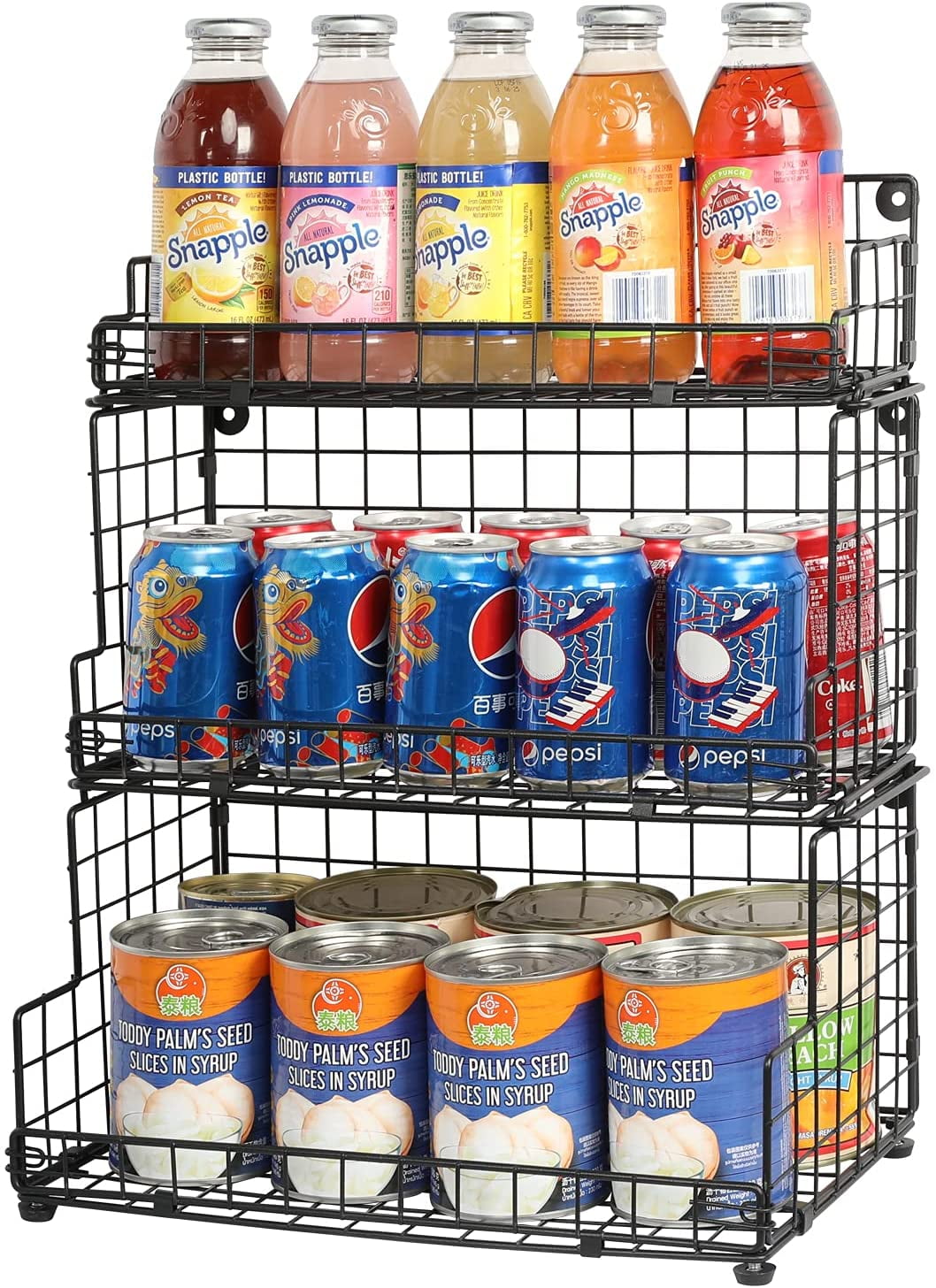 X-COSRACK 3-Tier Stackable Wire Basket, Foldable Metal Storage Bin for Kitchen Pantry & Countertop, Wall Mounted Fruit and Vegetable Organizer for Onion Potato Snacks, Black