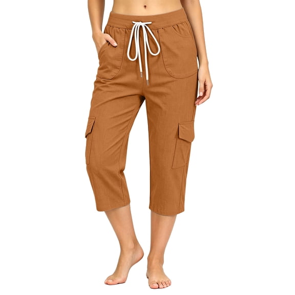 Ceisia Womens Drawstring Waist Cargo Capri Pants Lightweight Casual Wide Leg Cropped Pants with Multi Pockets for Hiking Outdoor Orange XL Gift