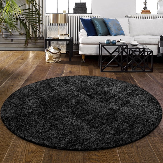 Elegant and Plush Hand-Woven Solid Shag Indoor High Traffic Round Area Rug by Blue Nile Mills - 6.5' Round, Black
