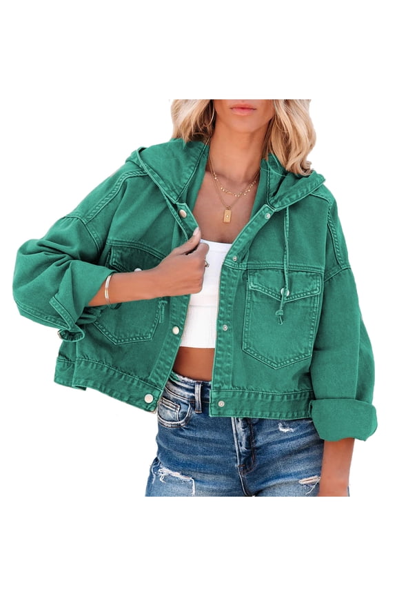 Women Fashionable Hoed Jacket Drawstring Single Breasted Drop Shoulders Casual Female Jacket Green S